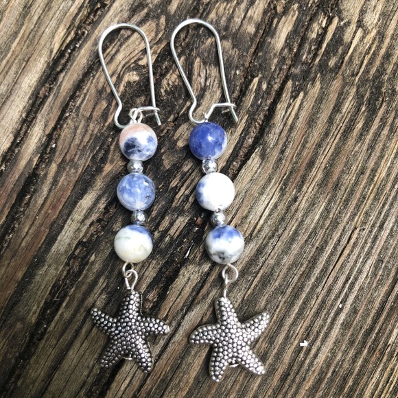 Sodalite natural stone drop starfish earrings - Picture 1 of 1